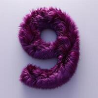 AI generated a vibrant purple furry texture forming a unique number nine that is isolated against a white background. The texture of the fur is soft and plush photo