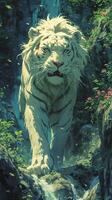 AI generated Majestic white lion amidst a lush green forest with blooming vibrant flowers and a serene waterfall. photo
