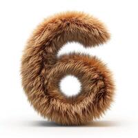 AI generated Unique digit six covered in realistic brown fur texture, isolated against a clean white backdrop. photo