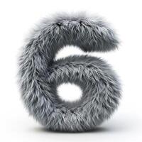 AI generated a unique depiction of the number six covered in a soft, grey, furry texture against a clean white backdrop. The fur appears soft and fluffy with varying shades of grey. photo