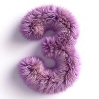 AI generated a vivid, fluffy, purple number three displayed prominently against a pristine white backdrop, showcasing intricate texture details. photo