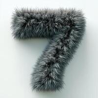 AI generated a number seven covered in dark grey fur, with individual hairs visible. The furry number is displayed against a plain white background, and shadows cast by the fur photo