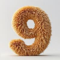 AI generated a golden furry textured number 9 displayed prominently against a soft, neutral white backdrop. The fur is dense and has a soft texture visible, with individual hairs discernible photo