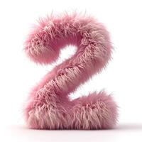 AI generated A vibrant pink, fluffy textured number two displayed prominently against a pristine white backdrop photo