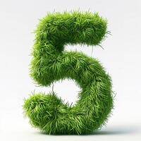 AI generated A unique depiction of the number five covered in bright green grass, showcasing a vivid and lush texture against a pristine white backdrop photo