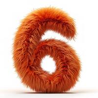 AI generated A unique depiction of the number six, covered in bright orange fur. It's fluffy and stands out boldly against a pure white backdrop. photo