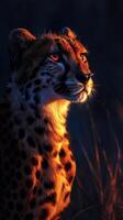 ai generado un majestuoso leopardo con brillante rojo ojos en el oscuro noche. el de animales piel es hermosamente iluminado por un sutil ligero fuente. foto