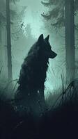 AI generated A lone wolf stands amidst a mystical, foggy forest, its silhouette contrasting against the ethereal light filtering through the dense trees. photo