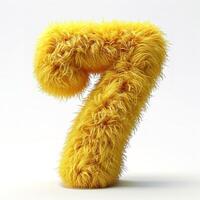 ai generado vibrante amarillo, peludo número 7. suave, mullido textura exhibido en contra un prístino blanco fondo. el imagen muestra el número Siete cubierto en un brillante amarillo foto