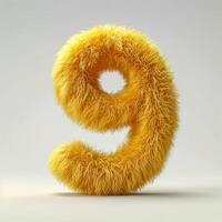 AI generated A vivid, golden, furry textured number 9 displayed prominently against a smooth, clean white backdrop. photo