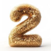 AI generated Unique image of a number two, covered in rich, golden fur against a pristine white backdrop. photo