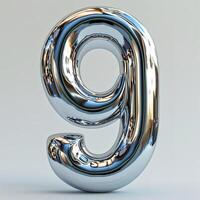 AI generated A stunning 3D rendered image showcasing a glossy, metallic number nine with a highly reflective surface, casting intricate light patterns. photo