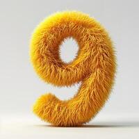AI generated Bright yellow fuzzy texture forms the number 9 against a clean, white backdrop, showcasing contrast and vibrancy. photo