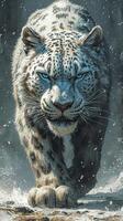 AI generated A majestic snow leopard with piercing blue eyes stands powerfully amidst a gentle snowfall, exuding strength and grace. photo