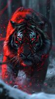 AI generated A powerful tiger with striking red highlights and an intense gaze emerges from a dark, mysterious forest. photo