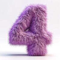 AI generated A vivid purple, furry number four stands out against a pristine white backdrop, showcasing intricate texture details. photo