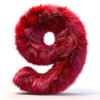 AI generated A bold, fluffy number 9 in vivid red fur stands out, showcasing intricate textures and a soft appearance against a clean white backdrop. photo