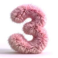 AI generated A vivid, fluffy, pink number 3 stands out against a pristine white backdrop, showcasing a soft photo