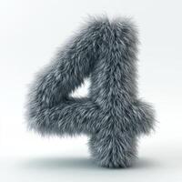 AI generated a furry number 4 with a soft, grey fur covering it. The fur appears fluffy with varying lengths and textures. The number is set against a clean photo