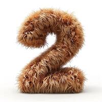 AI generated A unique image showcasing a number two, covered in detailed brown fur texture, isolated on a clean white backdrop. photo