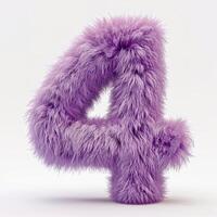 ai generado un número cuatro cubierto en vibrante púrpura pelo, en pie en contra un rígido blanco fondo, exhibiendo contraste. foto
