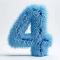 AI generated A vibrant blue, furry textured number 4 displayed prominently against a stark white backdrop, showcasing contrast and visual appeal. photo