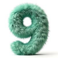 AI generated A vibrant green, furry textured number nine. It's isolated against a clean, white backdrop, showcasing its plushness and vivid color. photo