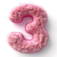 AI generated A vibrant, soft, pink fluffy texture forms the number three against a pristine white backdrop. photo