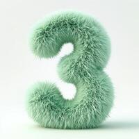 AI generated a digit three covered in a soft, green fur. The fur appears fluffy with varying shades of green that give it depth and dimension photo