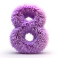 A vivid purple, furry textured number 8 stands out against a pristine white backdrop, offering a visually stimulating and unique aesthetic experience. photo