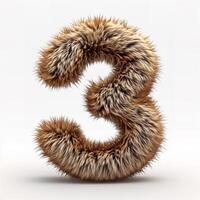 AI generated A unique image showcasing a digit '3' covered in realistic brown, furry texture isolated against a clean white backdrop photo