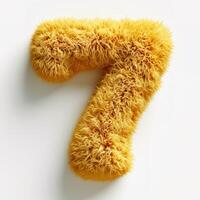 AI generated A vibrant, fuzzy, yellow number 7 displayed prominently against a stark white backdrop, showcasing a soft texture. A vibrant, fuzzy, yellow number 7 photo