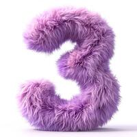 AI generated a vibrant purple, furry texture that forms the number three. Each strand is detailed, creating a soft, plush appearance photo