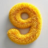 AI generated Vibrant yellow, fuzzy textured number 9 displayed prominently against a smooth, neutral grey backdrop photo