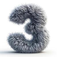 AI generated A unique image showcasing a number three covered in grey fur, standing out vividly against a pure white backdrop. photo
