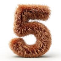 AI generated Unique digit five covered in fluffy brown fur, isolated against a pristine white backdrop photo