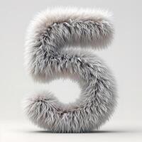 AI generated a unique depiction of the number five covered in a soft, grey, furry texture against a clean white backdrop. The fur appears soft and fluffy with varying shades of grey. photo