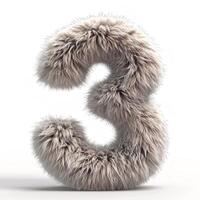 AI generated Unique digit three covered in soft grey fur, isolated against a pristine white backdrop, showcasing intricate texture details. photo