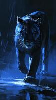 ai generado un vívido representación de un pantera, capturado a mitad de zancada debajo el lluvia. el azul tonos realce el de animales gracia en medio de naturaleza salvaje elementos. foto