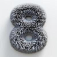 AI generated a number eight covered in thick, grey fur texture, prominently displayed against a pure white backdrop. The fur is dense and has a realistic texture photo