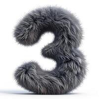 AI generated A unique digit three covered in soft, grey fur. It stands alone against a pristine white backdrop, showcasing intricate textural details. photo