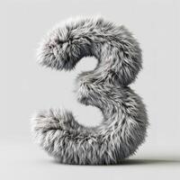 AI generated A unique digit three covered in soft grey fur, standing out against a minimalist white backdrop photo