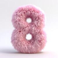 AI generated A vivid, soft, pink fluffy number 8 stands out against a pristine white backdrop, showcasing intricate texture details. photo