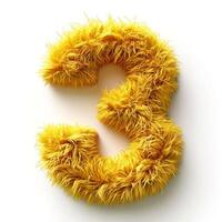 AI generated A bright yellow, fluffy textured number three prominently displayed against a clean, white backdrop. photo