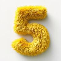 AI generated A unique number 5, covered in bright yellow fur, pops against a pristine white backdrop, showcasing texture. photo