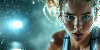 AI generated a lady engaged a high intensity workout with sweat glistening and determination in her eyes photo