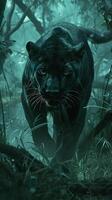 AI generated A majestic black panther moves stealthily in a mystical, moonlit forest, eyes gleaming with intense focus. photo