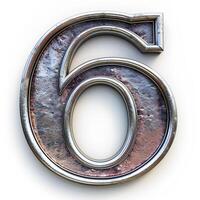 AI generated A close-up view of a metallic number six with a rusty texture and shiny silver outline, prominently displayed against a white backdrop. photo
