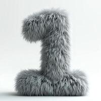 AI generated A unique depiction of the number one, covered in grey fur, creating a soft and textured appearance against a stark white background photo