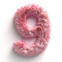 AI generated A vivid pink, furry textured number 9 displayed prominently against a clean, white backdrop. The image shows the number nine that appears to be made of a sof photo